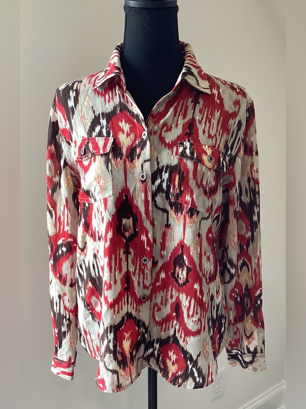 Chico’s Boho Ikat Tribal Button Up Blouse Southwestern Chic Medium